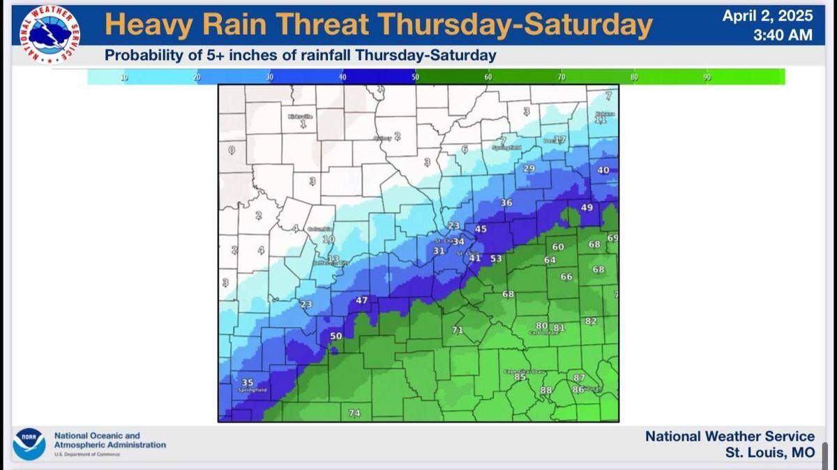 The National Weather Service released this map Wednesday to show the probabilities of places getting five or more inches of rain this week.