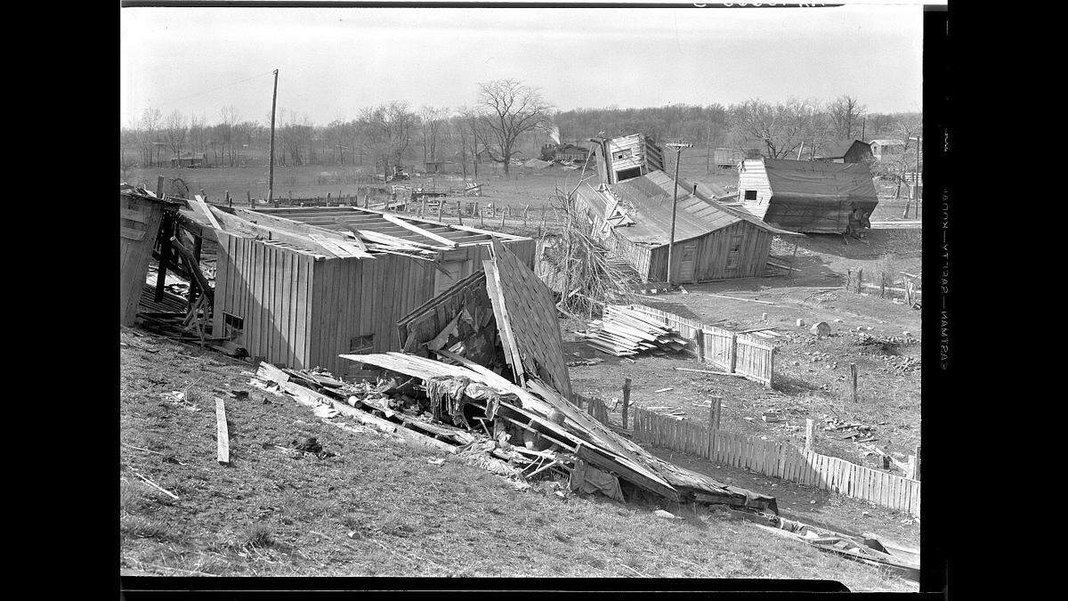 In January 1937, over 16 inches of rain fell along the Ohio River from Cairo, Illinois, to Louisville, Kentucky, completely flooding towns and cities along the river. This 1937 photo shows the aftermath in Shawneetown, Illinois, where later that year the government approved a plan to move the community about 3 miles northwest.