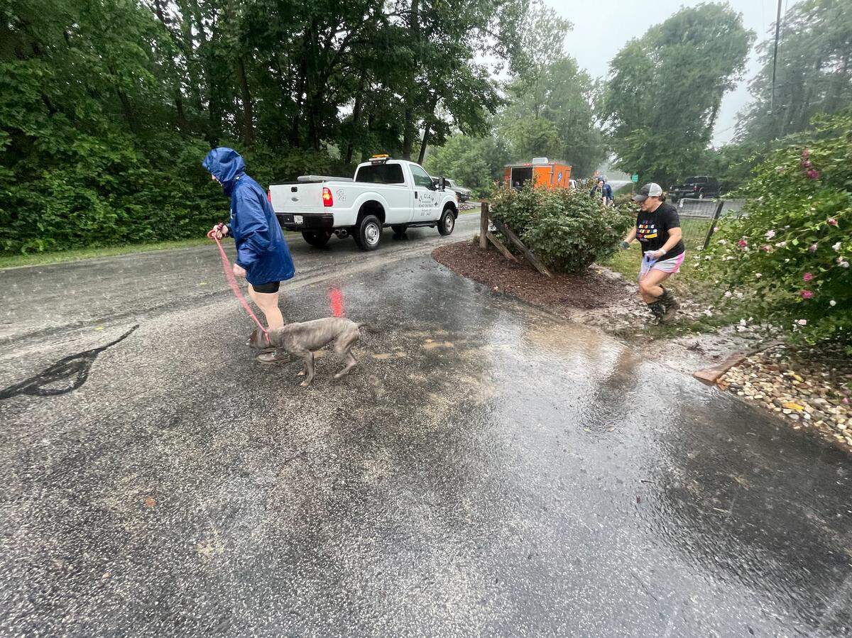 People move dogs out of the flooded St. Clair County Animal Services building in Belleville on Tuesday, July 26, 2022.
