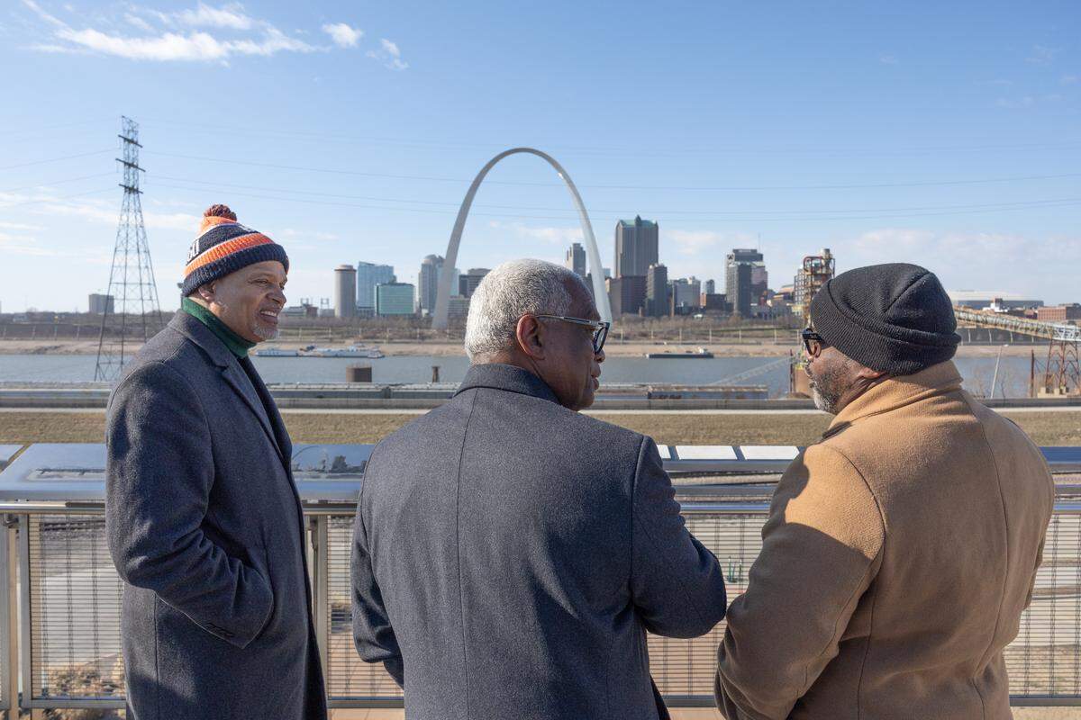East St. Louis City Manager Robert Betts, Mayor Charles Powell III, and Director of Economic/Community Development Alvin Parks Jr. at East St. Louis’s Malcolm W. Martin Park for a news conference regarding a proposed expansion of Gateway Arch National Park.k.