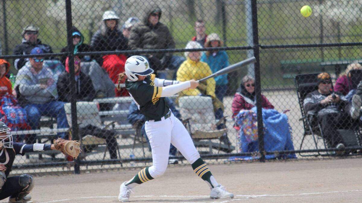 Danville Area Community College freshman Hannah Miener, a 2017 graduate of Highland, crushes one of her two home runs for the Jaguars this spring. Miener hit .393 with 28 runs batted in and 23 runs scored to help the Jaguars go 35-13, including reeling off 14 wins in a row at one point.