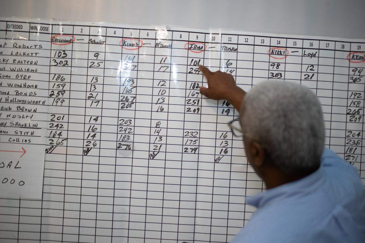 East St. Louis city manager Robert Betts points out a vote count for a politician while working as a statistician at LaToya Greenwood’s campaign watch party on Election Day, Nov. 5, 2024.