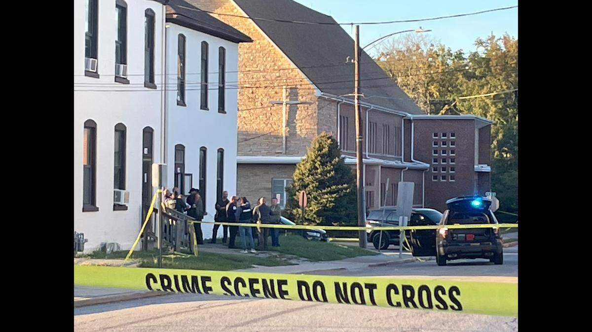 Belleville police near the scene of a fatal shooting downtown at North 1st and North B Streets on Saturday afternoon, Oct. 7, 2023. .A man was found shot to death, and a person of interest is in custody, Assistant Police Chief Mark Heffernan said.