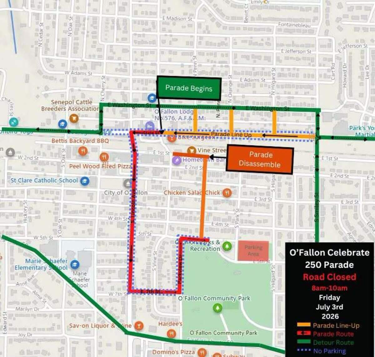 O’Fallon America 250 parade route with road closures.