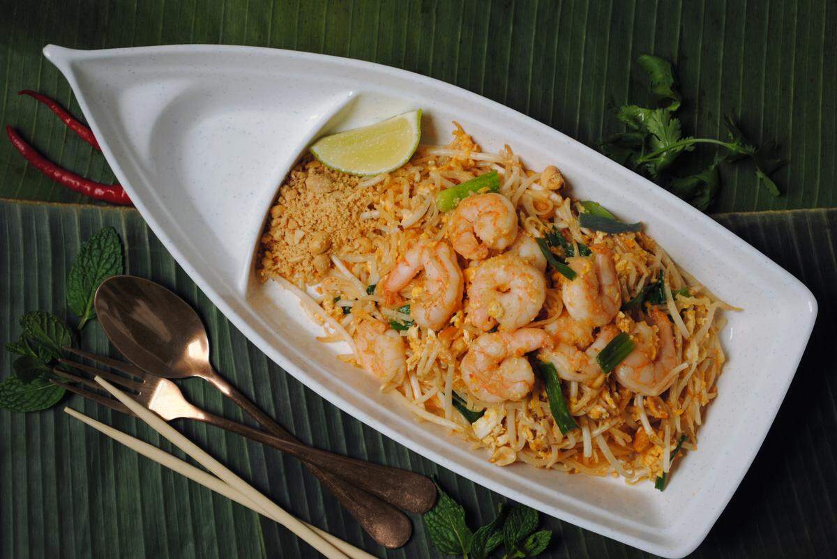 Pad Thai with Shrimp is available at Banana Leaf. Other protein options include chicken, pork, tofu, veggies and beef.