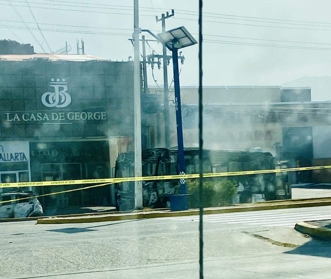 A burned bus Cindy Gregorian saw in Puerto Vallarta Sunday.