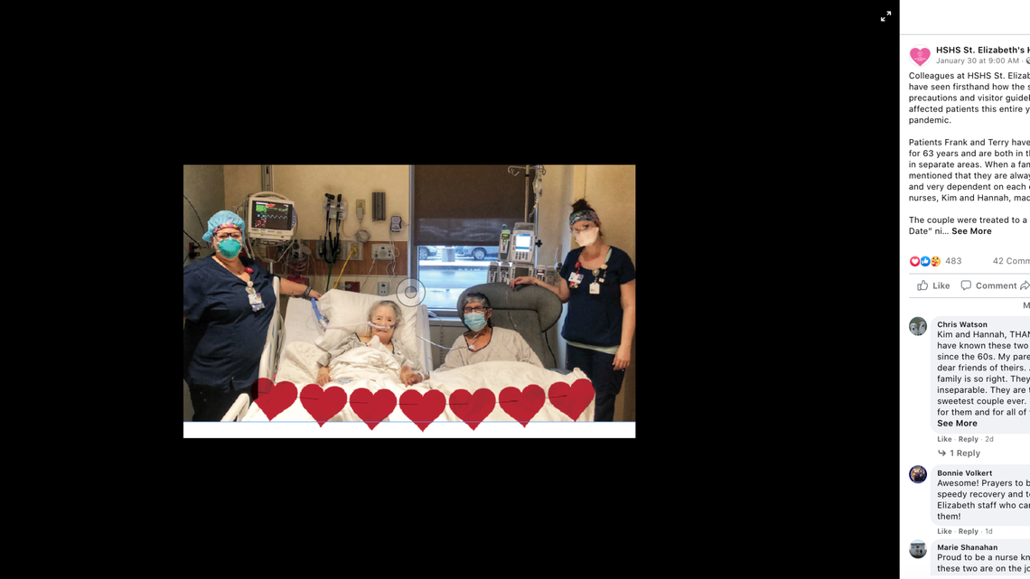 Nurses conspired to reunited Frank and Terry Martinez for a “dinner date” during their stay at St. Elizabeth’s Hospital in O’Fallon, Illinois. The couple has been married 63 years.