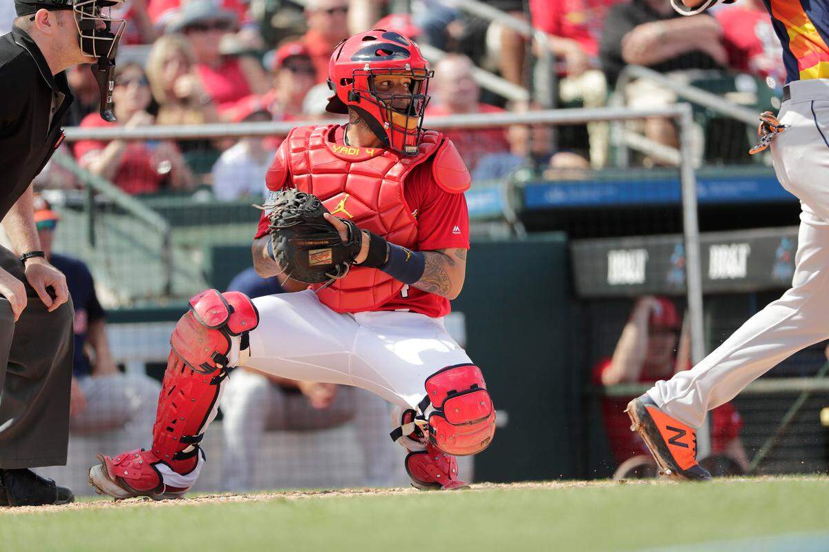 St. Louis Cardinals catcher Yadier Molina (4) in action in the third inning during an exhibition spring training baseball game agains the Houston Astros on Saturday, March 9, 2019, in Jupiter, Fla. (AP Photo/Brynn Anderson)
