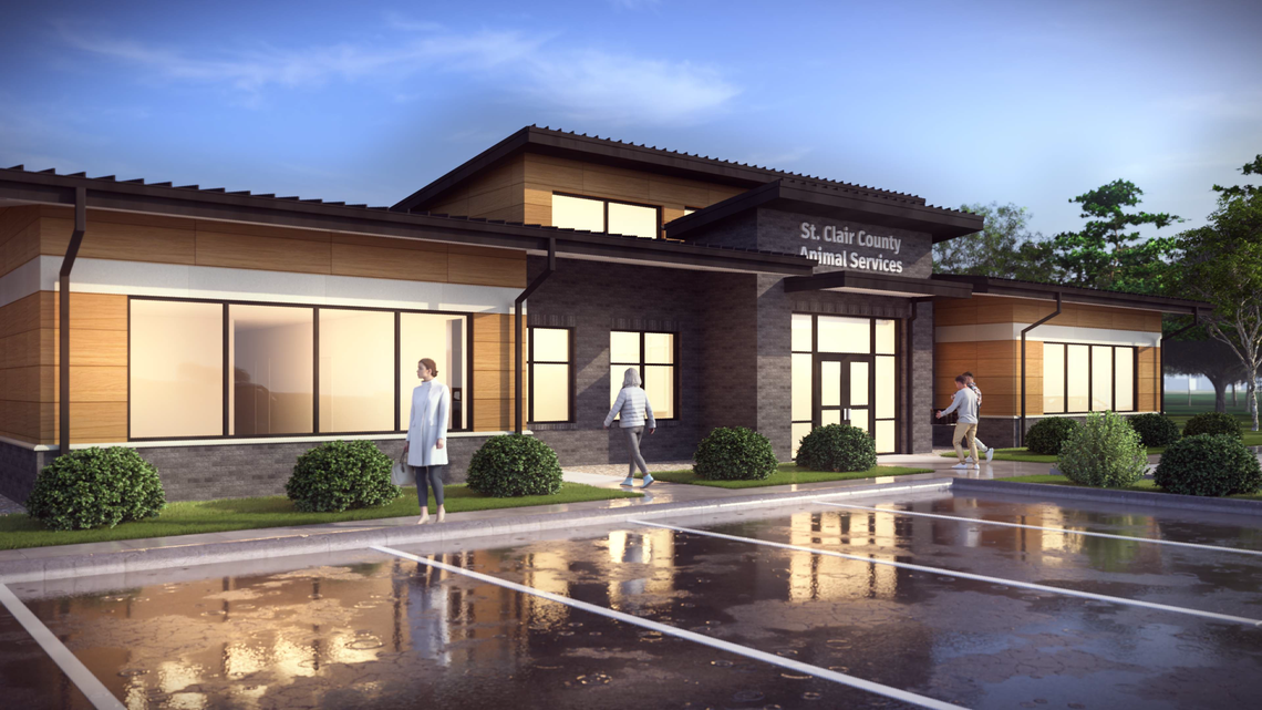 A Woolpert Architecture LLC rendering shows a view from the parking lot of the new St. Clair County Animal Control building.