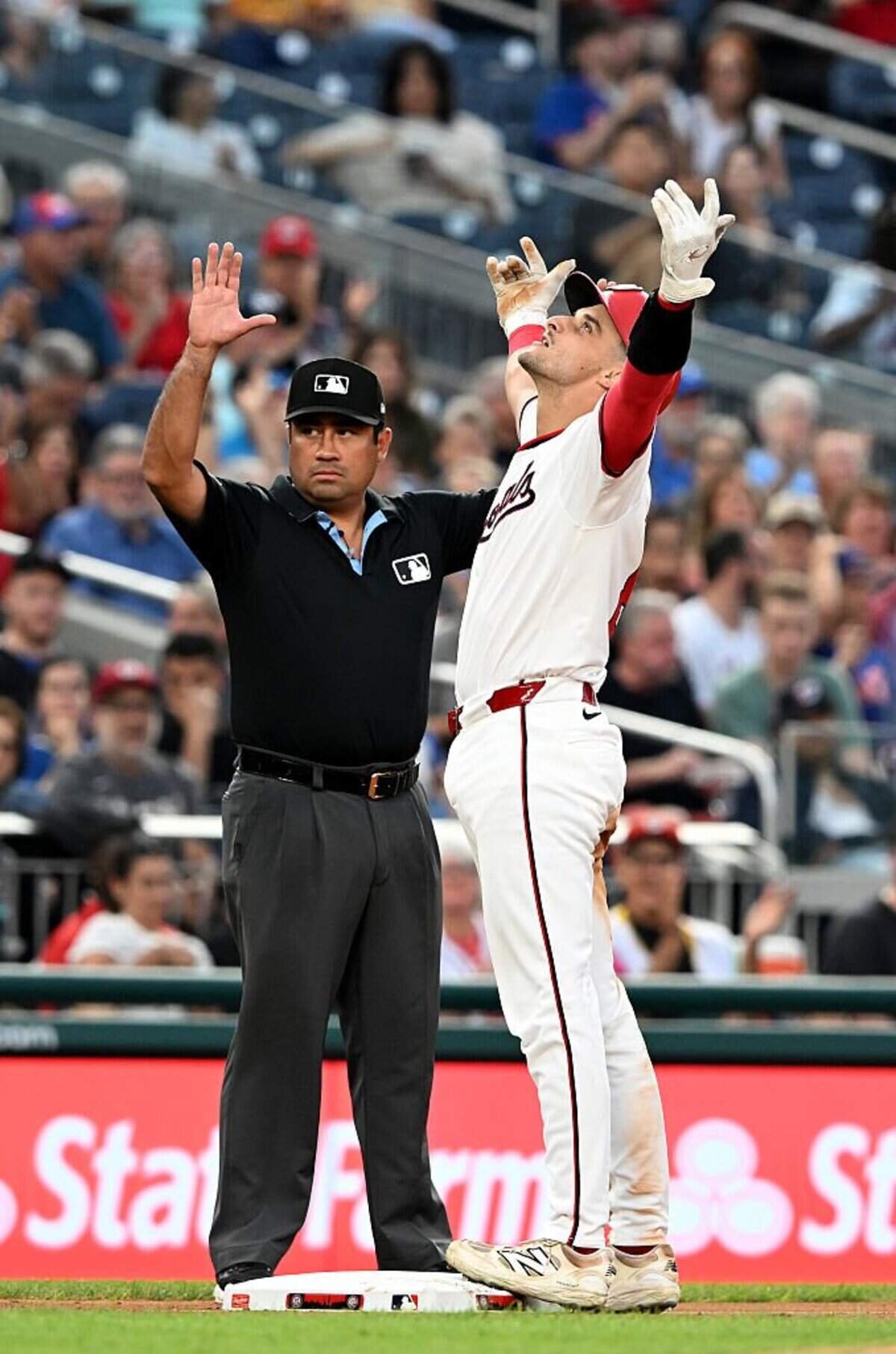 WASHINGTON, DC - AUGUST 20: Drew Millas #81 of the Washington Nationals celebrates after driving in a run with a triple in the fourth inning against the New York Mets at Nationals Park on August 20, 2025 in Washington, DC. (Photo by Greg Fiume/Getty Images)