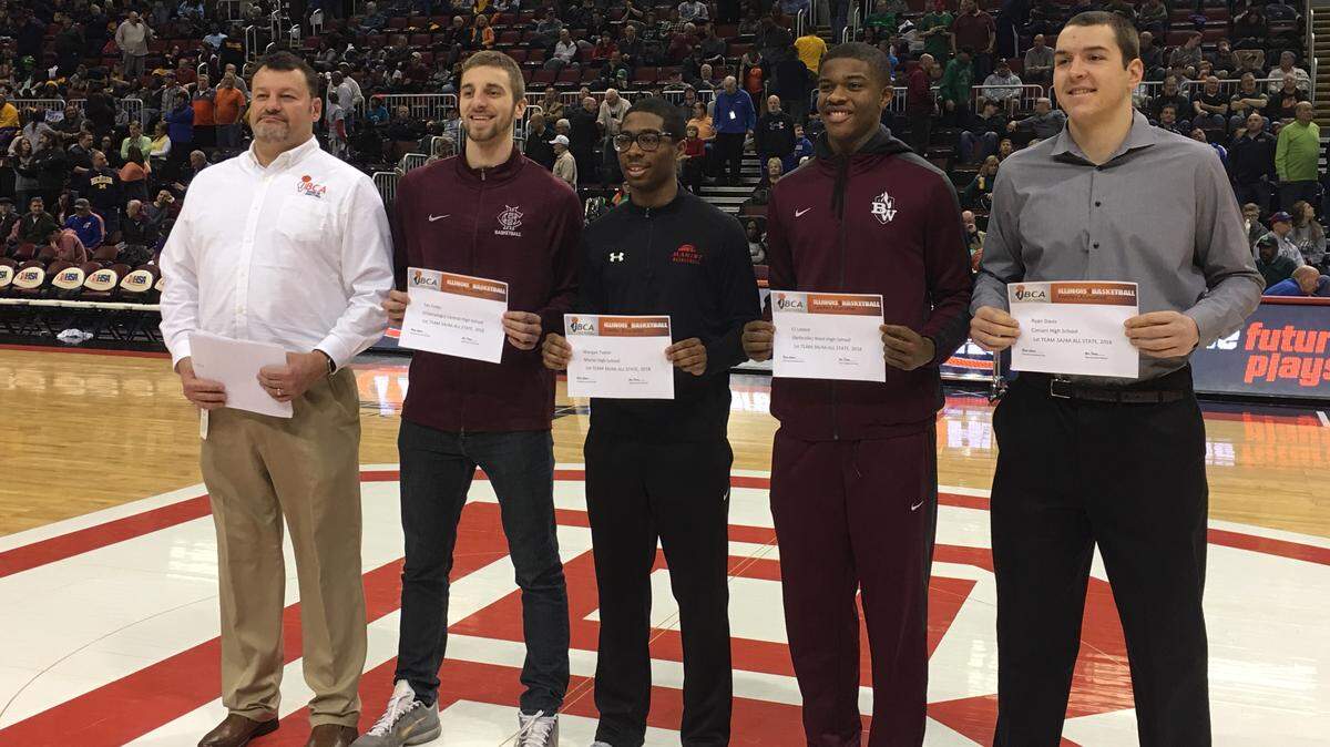 Honored at center court of Carver Arena following the IHSA 3A third place game were players selected to the Illinois Basketball Coaches Association All-State Team. They included first teamers Tim Finke of Champaign Central, Morgan Taylor of Chicago Marist, EJ Liddell of Belleville West, and Ryan Davis of Conant High School.