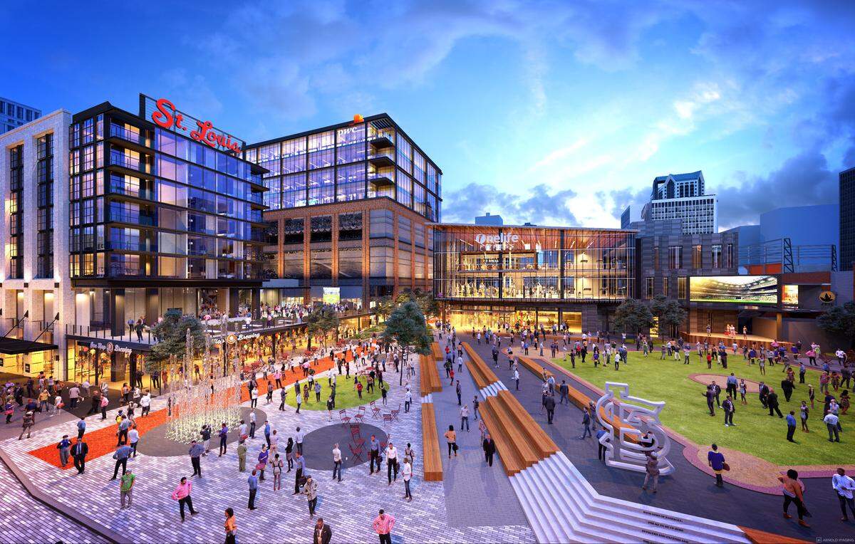 This computer-generated rendering shows a public plaza being built off Clark Avenue between the Busch II infield and the Live! by Loews hotel in downtown St. Louis as part of Ballpark Village.