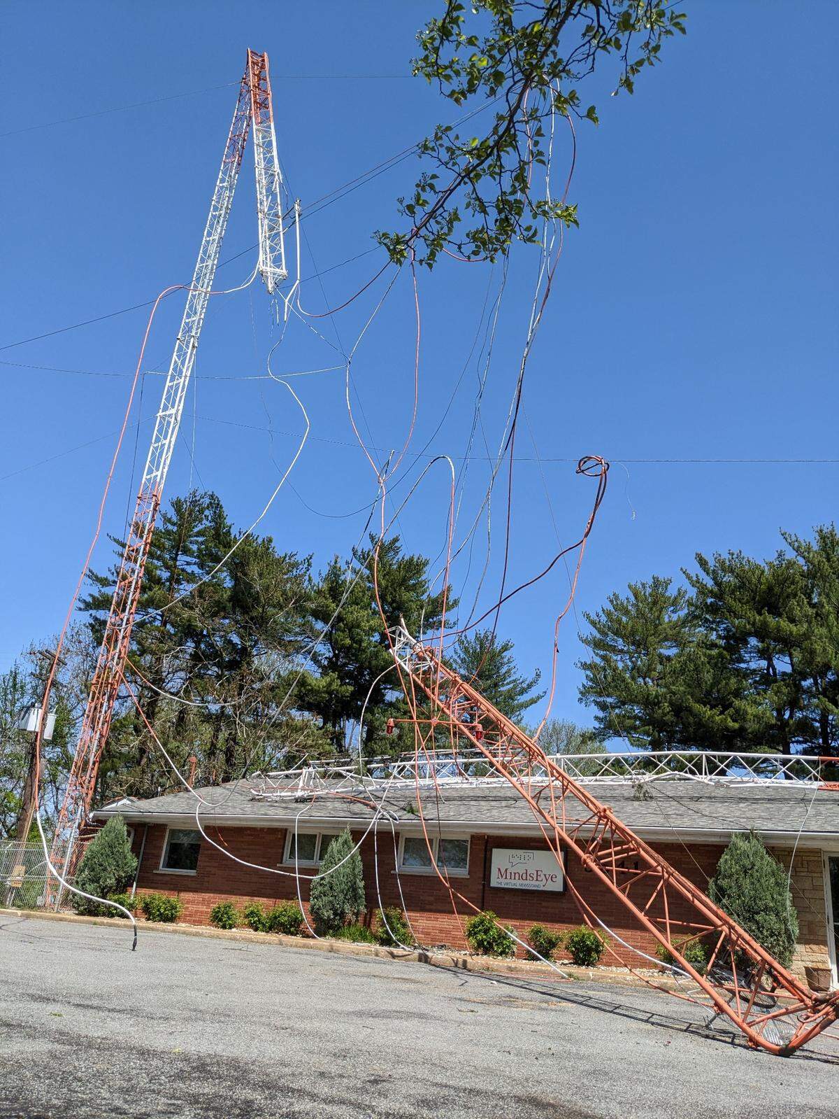 Belleville-based nonprofit MindsEye seeks community support following damage due to the storms that came through the metro-east Saturday, April 15. An adjacent radio tower experienced some significant damage resulting in multiple pieces strewn across MindsEye’s office building.