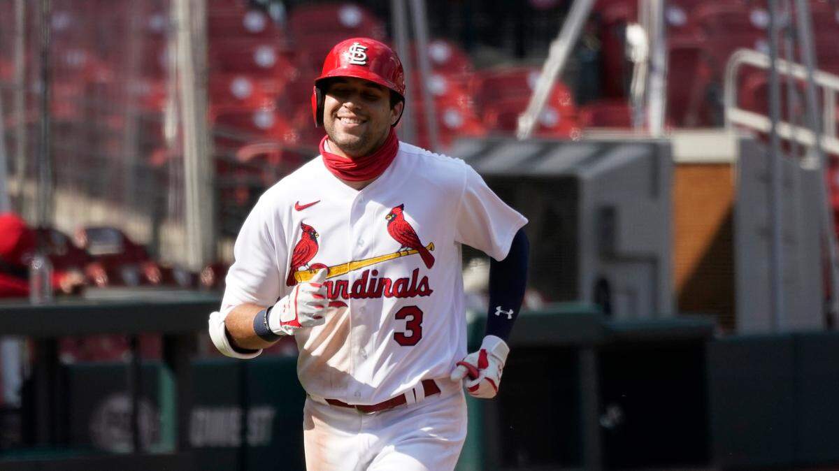 St. Louis Cardinals outfielder Dylan Carlson smiles as he rounds the bases after hitting a two-run home run during a game against the Cincinnati Reds in 2020. Carlson is the closest thing the Cardinals have to a pure centerfielder with a guaranteed spot in 2023, but they’ve declined the opportunity on multiple occasions this winter to say definitively that he’ll start there.