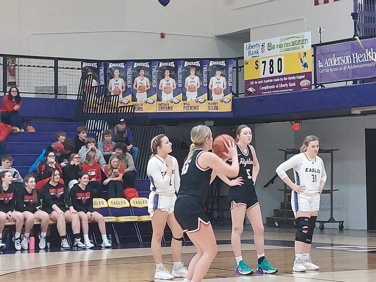 Highland’s Grace Wilke sets to shoot a free throw during a Mississippi Valley Conference game at Civic Memorial High School in Bethalto on Thursday, Feb. 9. The Lady Bulldogs ultimately prevailed 47-35 and, in the process, clinched the league crown.