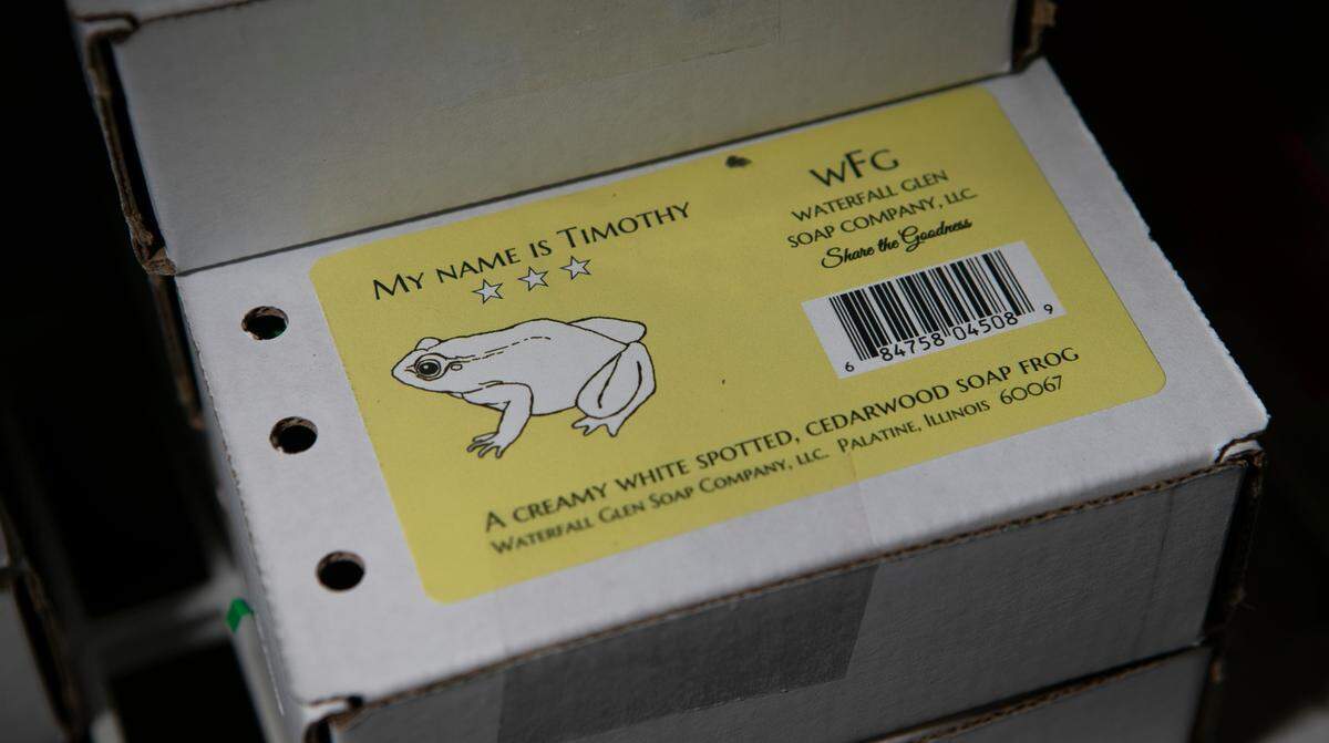 Frog-shaped soaps sold by Waterfall Glen Soap Co. in Belleville come in boxes with air holes so they can “breathe.”