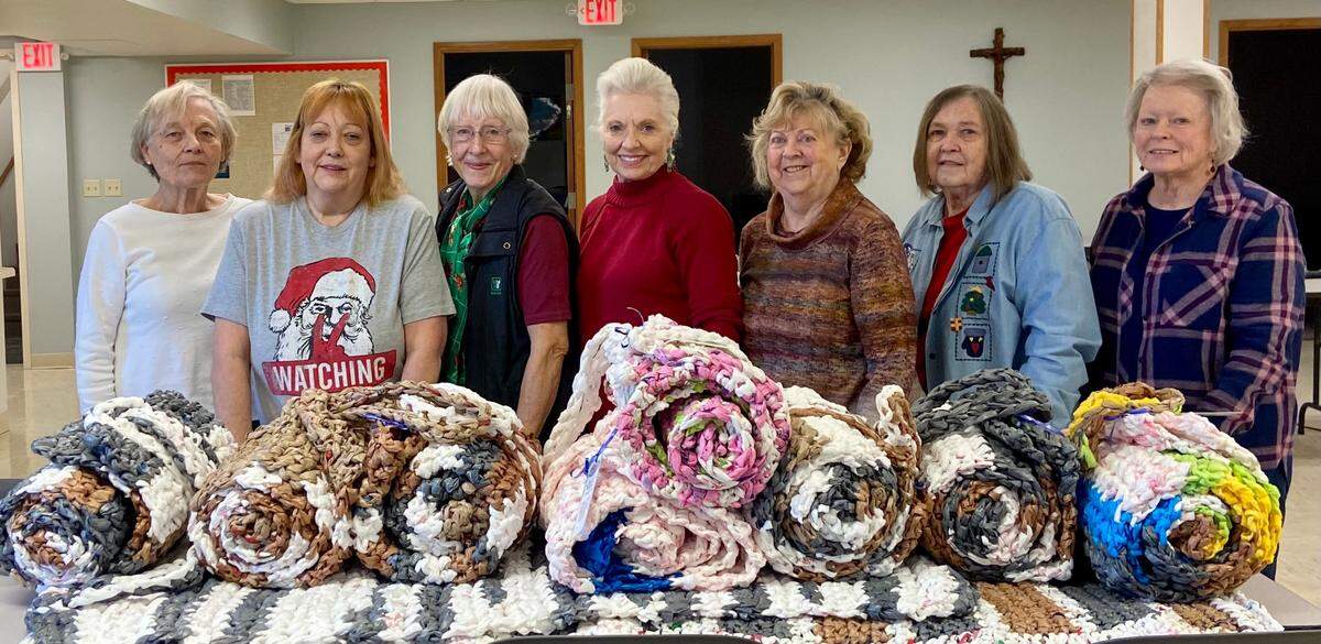 Volunteers at St. Michael’s Episcopal Church in O’Fallon gather Thursday mornings to prepare mats that are given to people who are houseless. From left, Julaine Ingersoll of O’Fallon, Julie Merinda of Troy, Marion Rose of O’Fallon, Judie Payne of O’Fallon, Betsy Cundiff of Caseyville and Cindy Blanchette of O’Fallon.