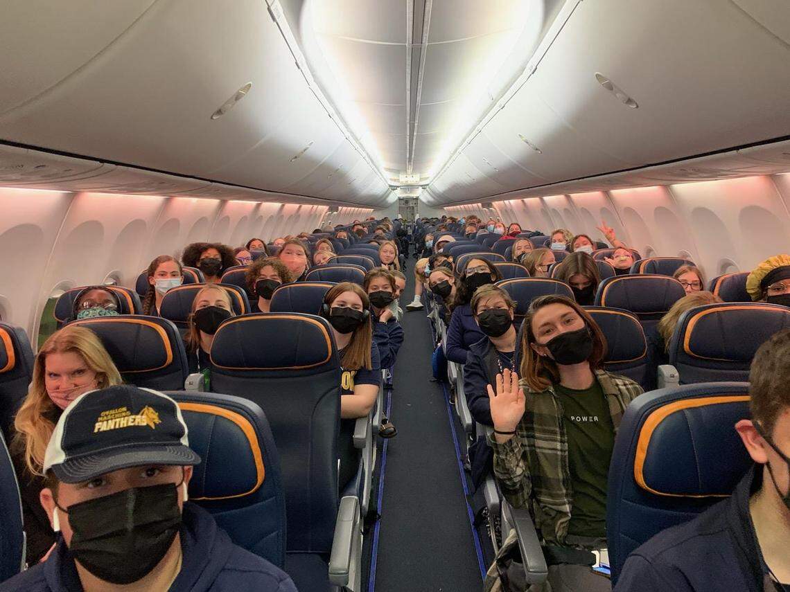 The O’Fallon Township High School Marching Panthers are pictured on Charter Flight A en route to Pasadena, California, for the 108th annual Tournament of Roses Parade. The Marching Panthers played Journey’s “Don’t Stop Believing” and W.C. Handy’s “St. Louis Blues” as they marched the 5.5-mile parade route down Colorado Boulevard as one of the 15 invited bands on New Year’s Day.