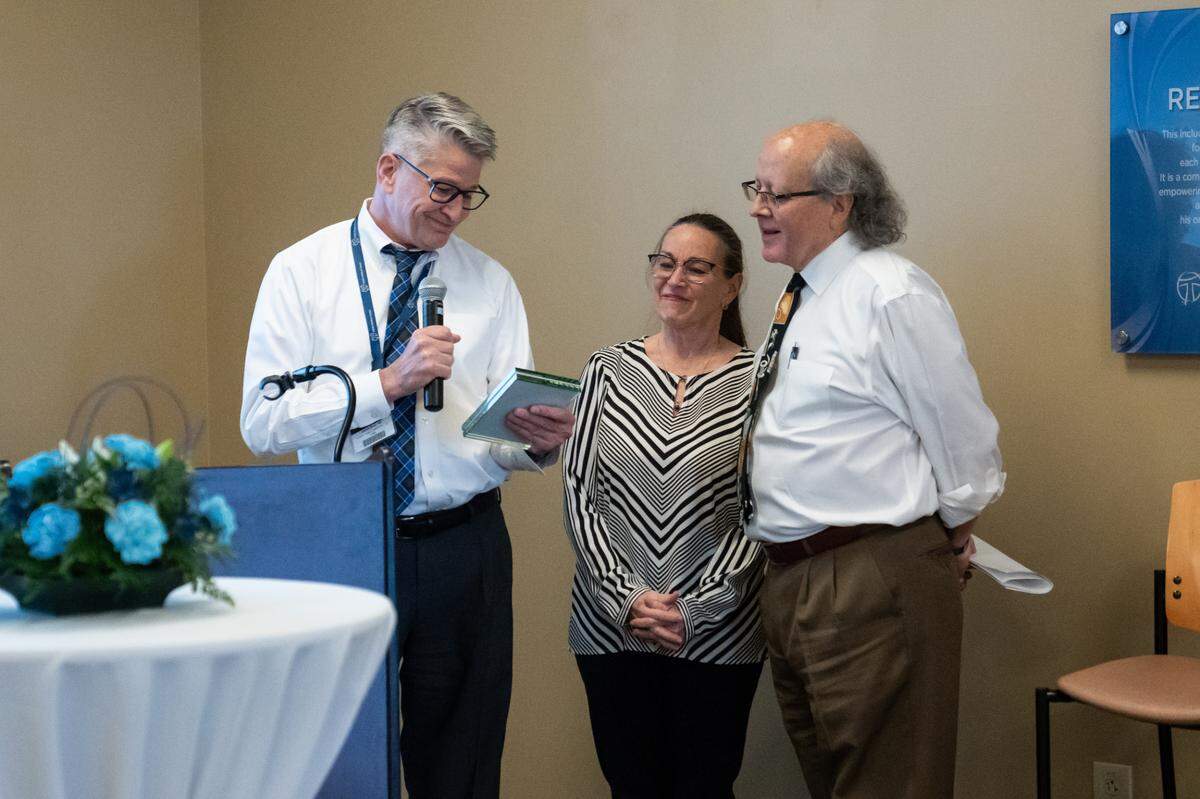 At a recent retirement celebration held for Drs. Alejandro and Janet Alvarado, James M. Bock, MD, chief physician executive of HSHS Medical Group, expresses his gratitude to both Drs. Alvarado for their long-term commitment to the health of families in Highland.