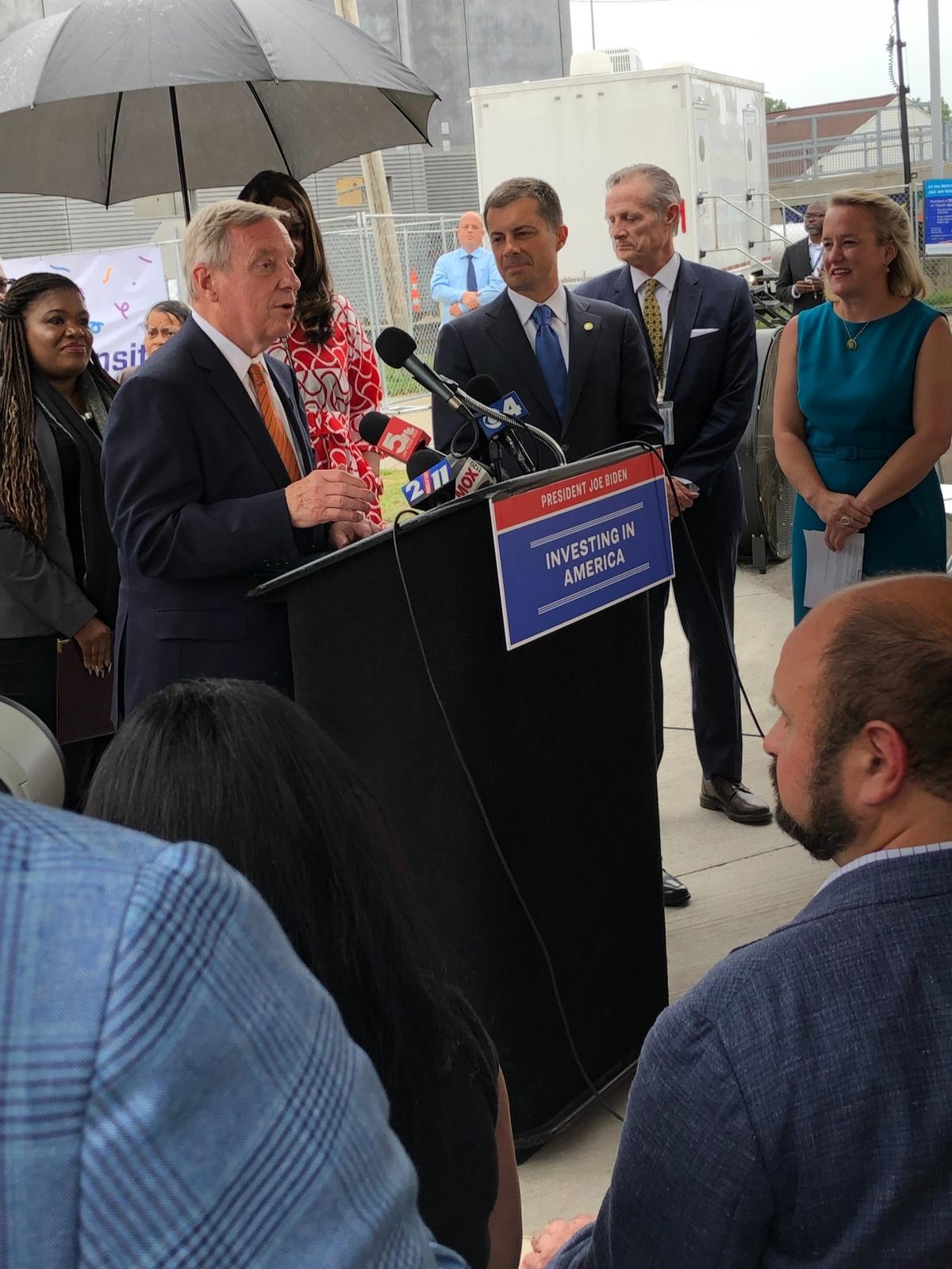 U.S. Senate Majority Whip Dick Durbin (D-IL) was among the dignitaries at a press conference Monday to announce $28 million in disaster recovery funding for the MetroLink system in East St. Louis and St. Louis. The disaster recovery funding the Secretary announced follows a $196 million Rail Vehicle Replacement Grant that United States Department of Transportation announced this June.