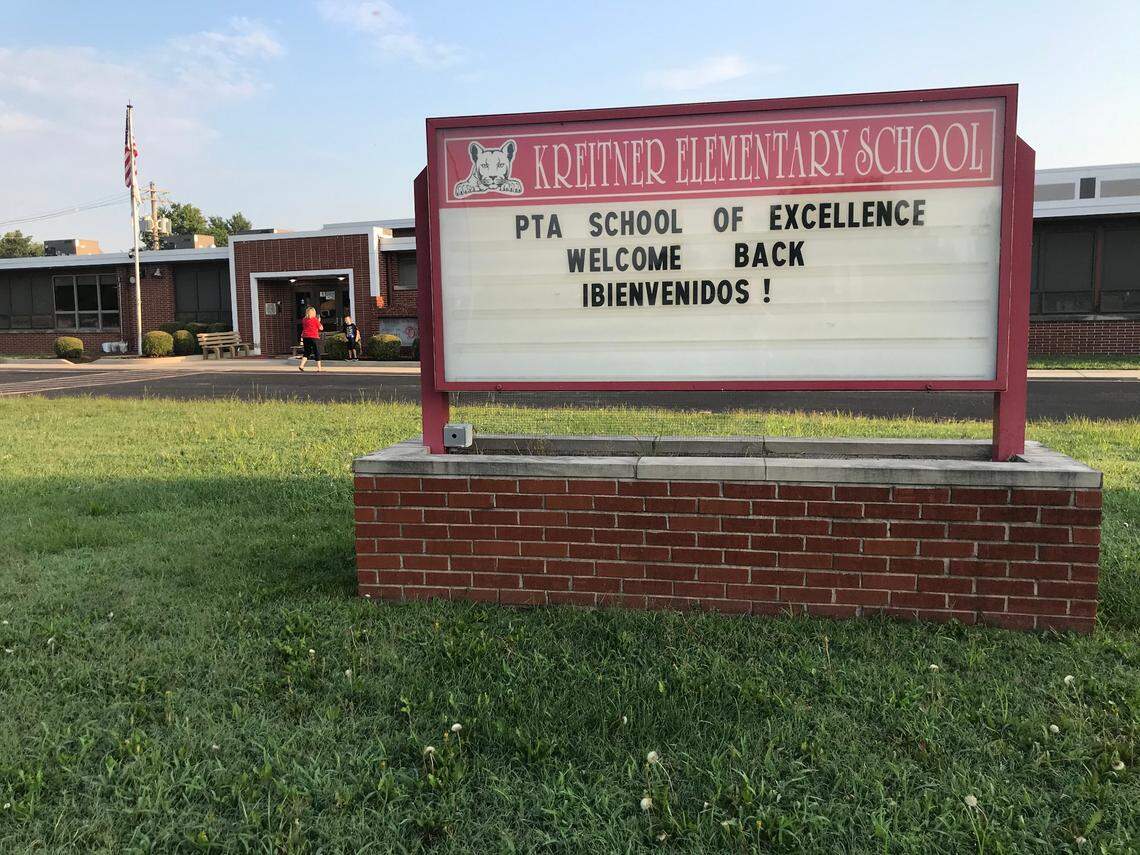 A sign outside Kreitner Elementary School in Collinsville welcomed students back in both English and Spanish on Wednesday, the first day of school.