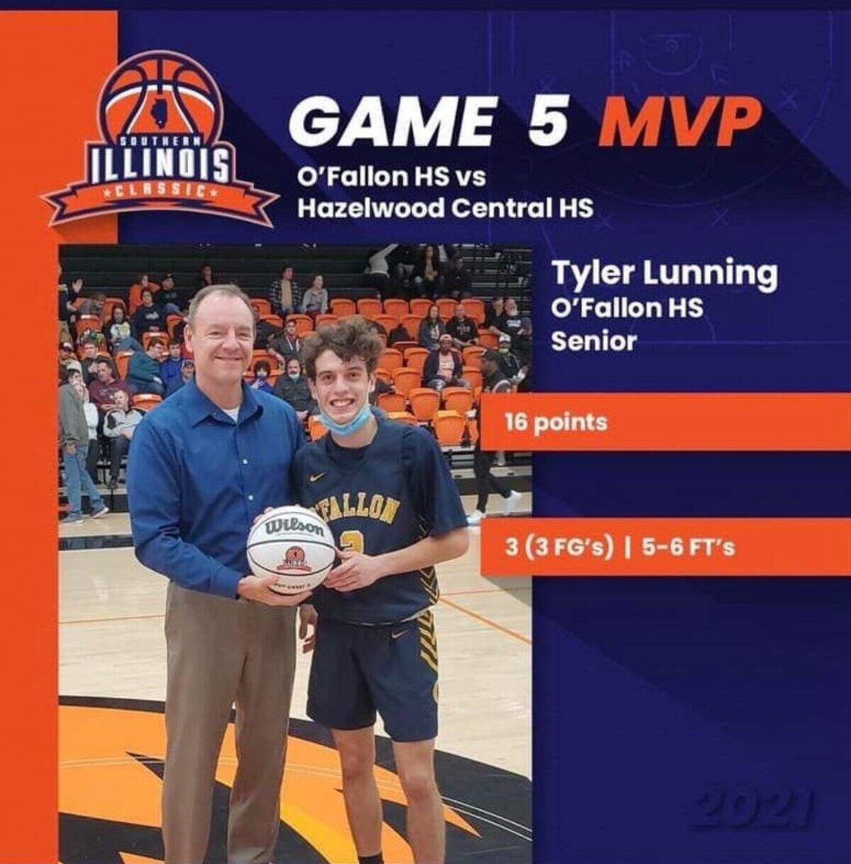 O’Fallon High School standout Tyler Lunning was awarded MVP after the game against Hazelwood Central High School at the Southern Illinois Classic earlier this season. Lunning is the winner of the latest Belleville News-Democrat Boys Player of the Week high school basketball poll, as selected by readers of bnd.com.