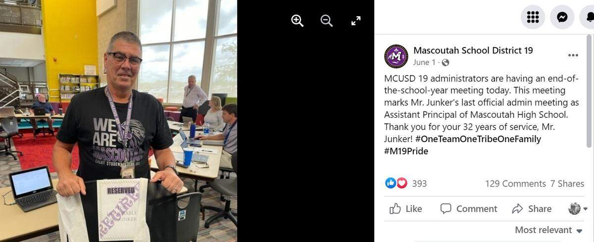 Jeff Junker is congratulated in a Facebook post in June, shortly before he retired as assistant principal of Mascoutah High School. He had worked 32 years for the school district that his daughter is now suing.