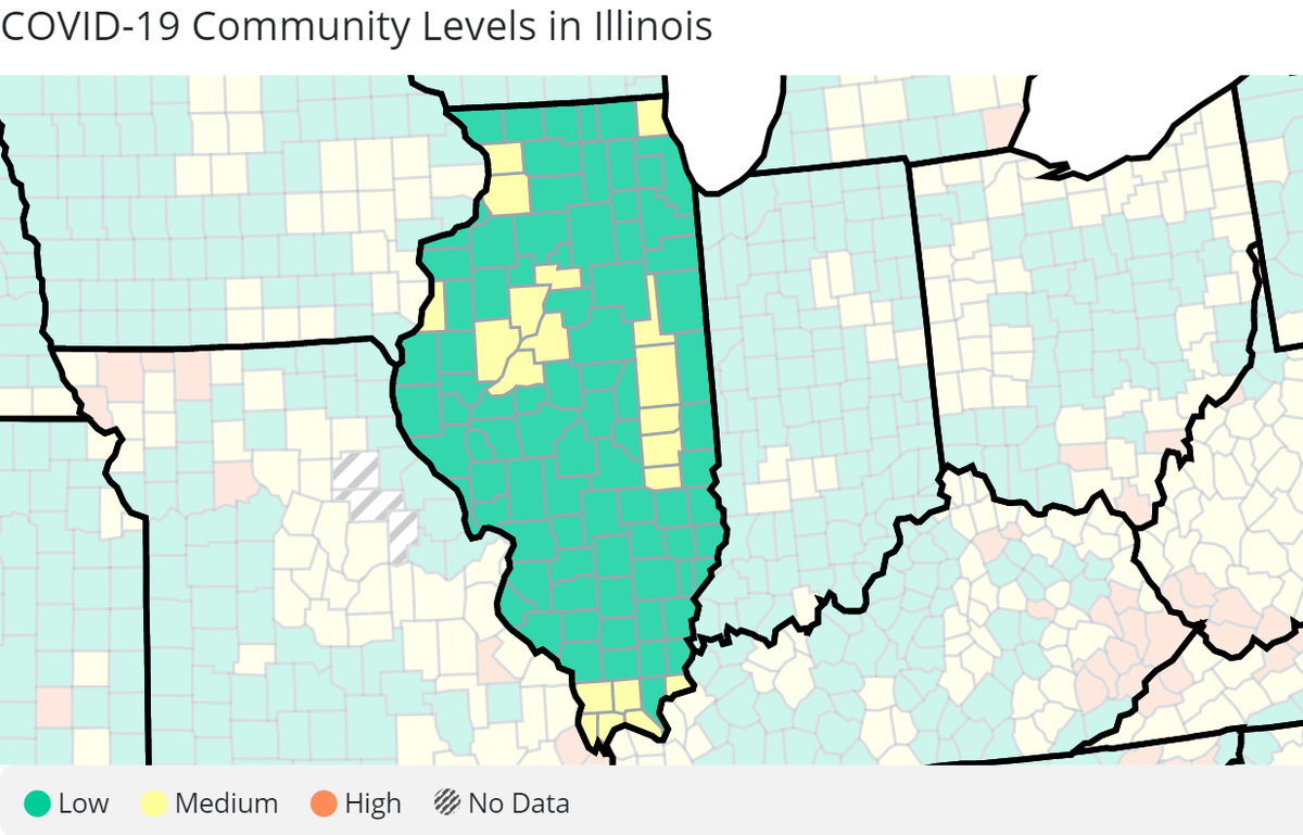 Here are the latest COVID-19 community levels in Illinois counties, from the U.S. Centers for Disease Control and Prevention.