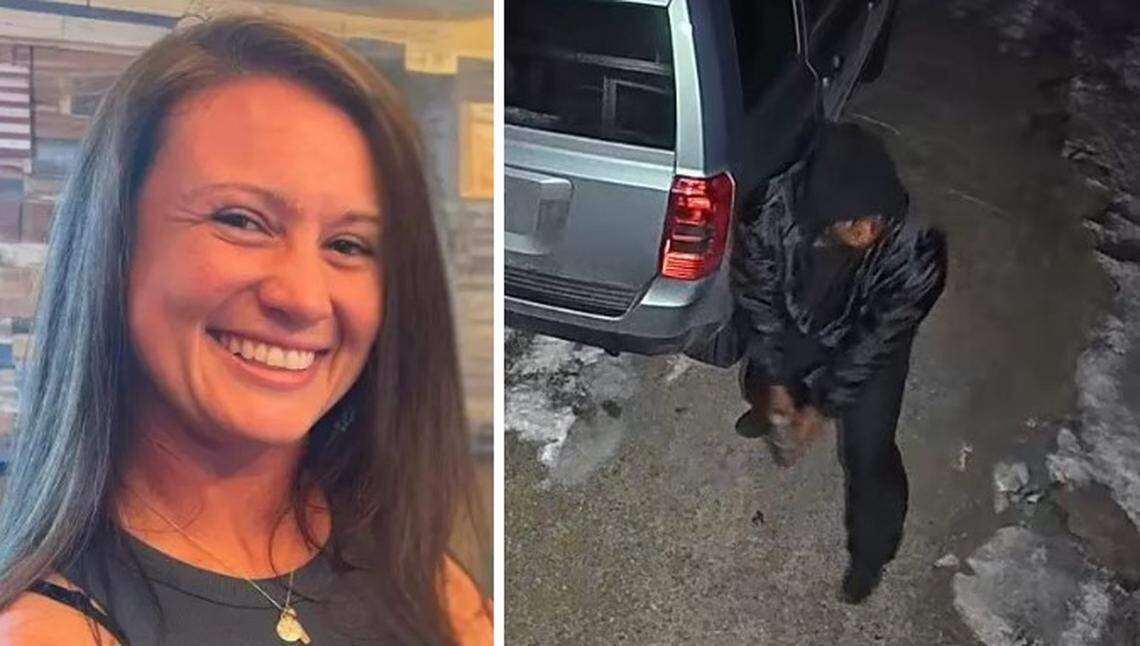 Portia Rowland, 32, left, was shot and killed outside her Collinsville home on Jan. 21, 2025. Investigators later released a photo of a suspect captured by a security camera.