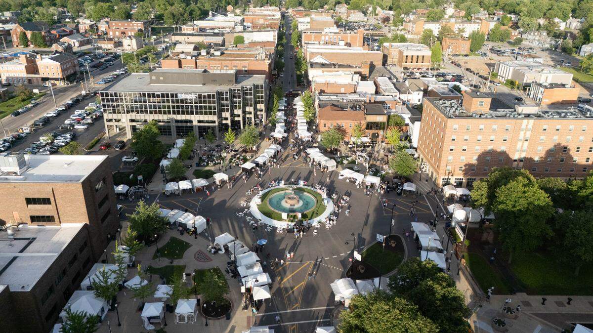About 100 artists display and sell their work each year at Art on the Square in downtown Belleville, shown here in a 2025 drone photo. This year, the art fair will be held May 15-17.