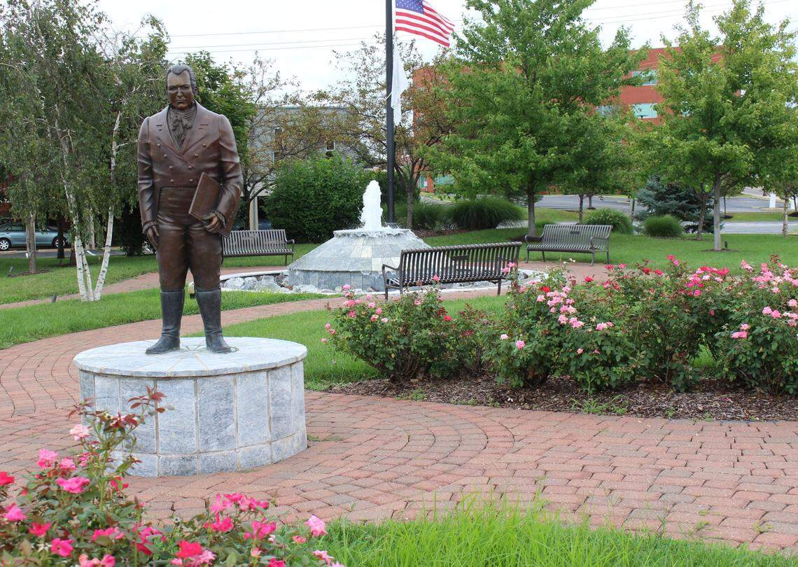The bronze statue of Ninian Edwards was installed in 2008 in a small park in downtown Edwardsville with trees, benches and a fountain that were funded by local donations.