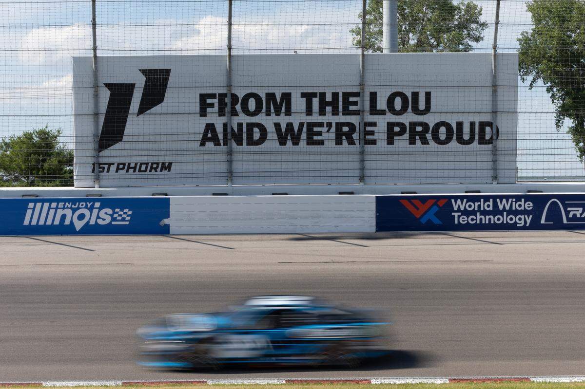 Race winner Austin Cindric speeds past a 1stPHORM sign on the second-to-last lap of the Enjoy Illinois 300 Cup Race at WorldWide Technology Raceway in Madison, Ill. on June 2, 2024.