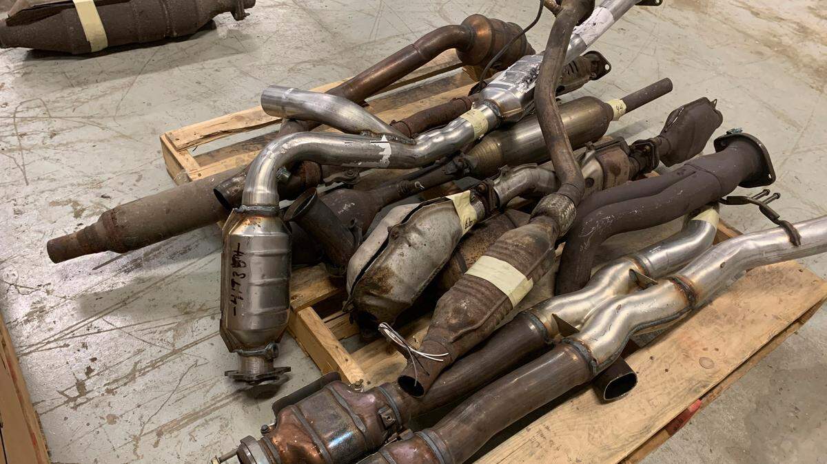 The Utah attorney general’s office provided this photo to the Associated Press in 2021 showing catalytic converters seized in an investigation. Thefts of the emission-control devices have gone up all over the country.