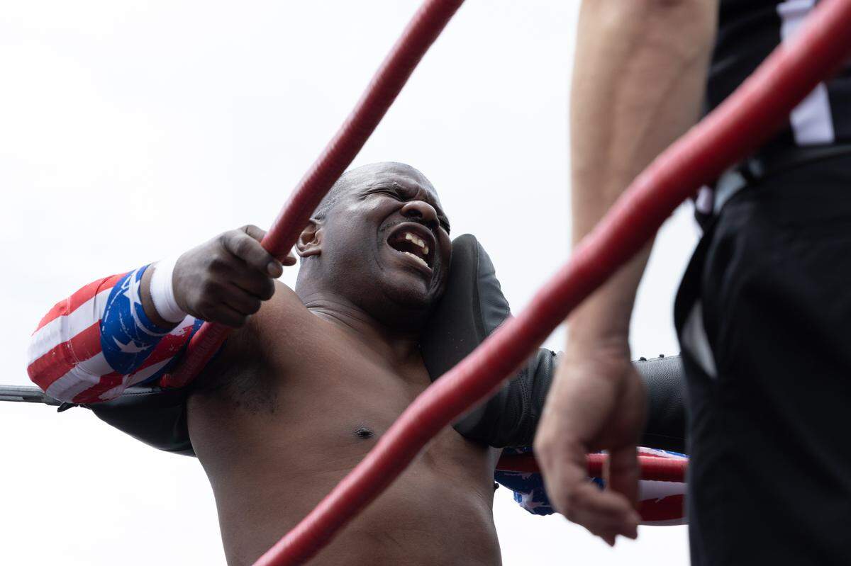 “Night Train” Jerry Jackson takes a boot to the face while wrestling prior to the start of the Truck Series race of the Enjoy Illinois 300 Cup Race at WorldWide Technology Raceway in Madison, Ill. on June 1, 2024.