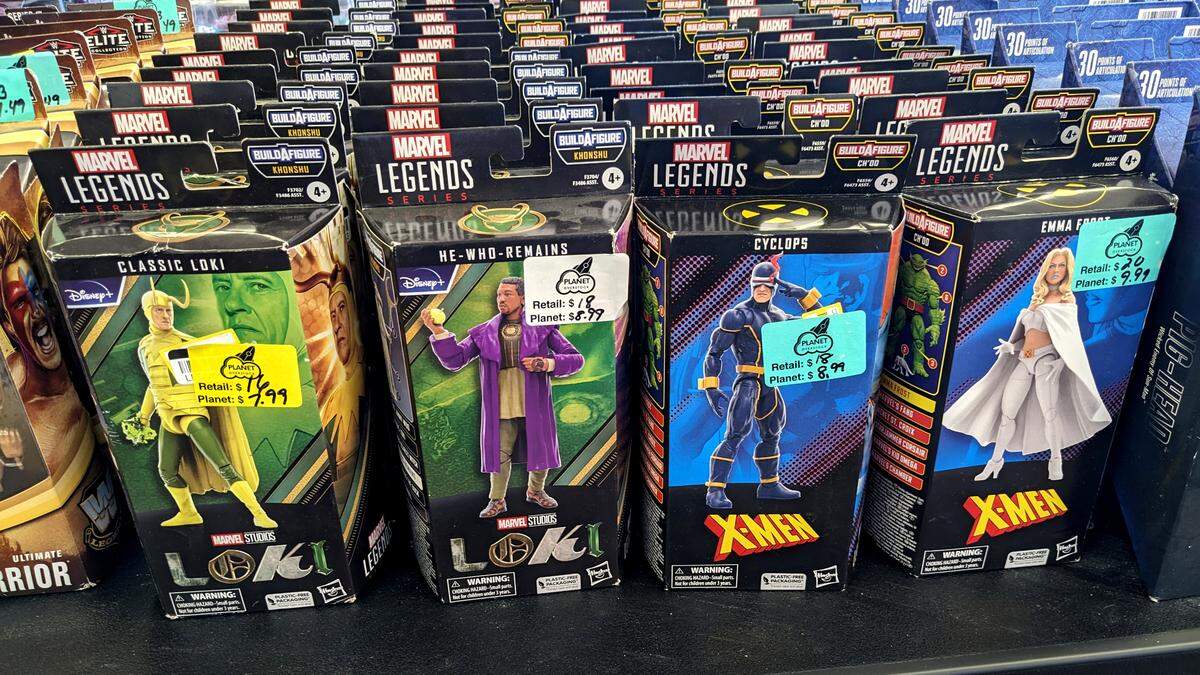 A sampling of Marvel character figures at Planet Overstock