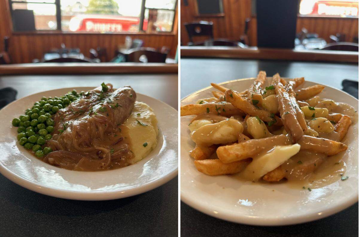 The new menu at Charlie’s Place in Belleville includes Belleville Bangers with Schubert’s bratwurst served over garlic confit mashed potatoes and a side of lardon (bacon) green beans, left; and Abend Poutine with melted cheese curds and house gravy over crispy fries.