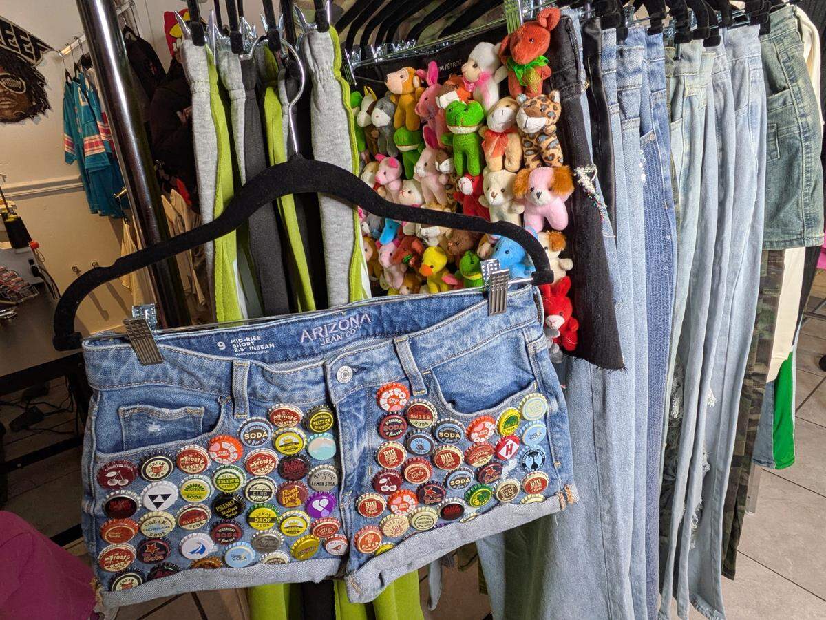 Shorts adorned with bottle caps and small stuffed animals are a sample of what’s available at Unforgettable Fittings in Belleville.