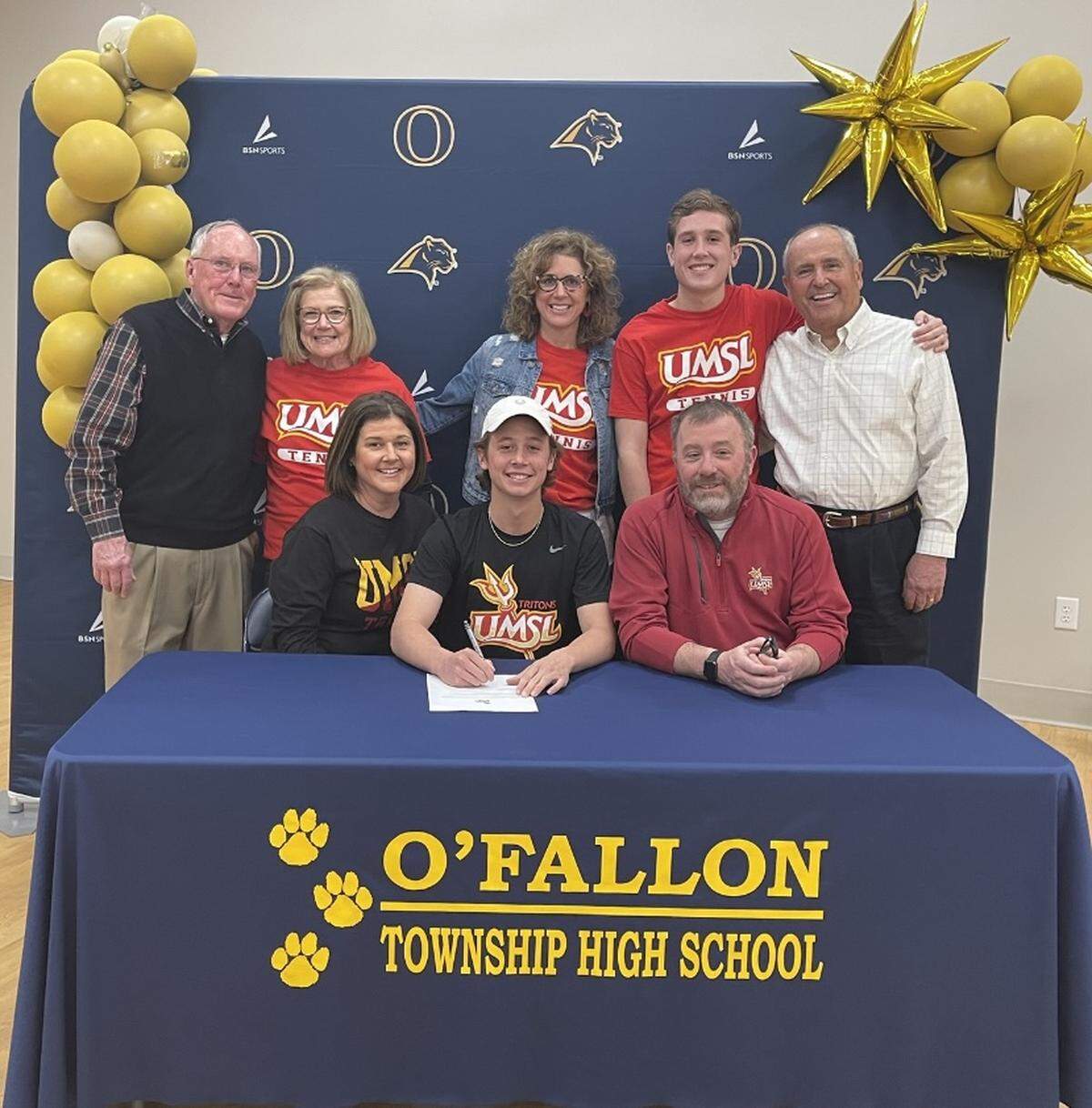 O’Fallon High School standout Gavin Sohn recently signed to play tennis for the University of Missouri St. Louis next year. Sohn, a senior, is the team captain this spring and the Panthers’ No. 1 player. “He works very hard and is determined. Congrats to Gavin!” Panthers coach Erin Thoman said. His parents are Dave and Melissa Sohn. Front row, from left, Melissa Sohn, Gavin Sohn and Dave Sohn; back row, uncle Jim Pauley, grandma Donna Siekmann, aunt Chrissy Velino, brother Grant Sohn, and grandpa Henry Siekmann.