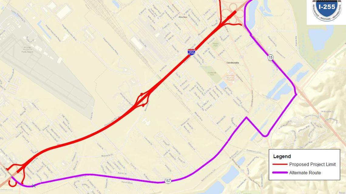 Map showing an alternate detour route for the upcoming closure of Interstate 255 in St. Clair County.