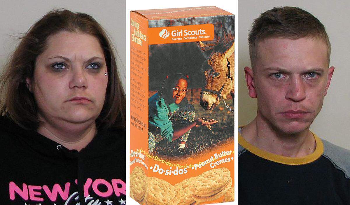 Lena Peterson, left, and Christopher Vanbibber, right, have pleaded guilty to using counterfeit cash to buy Girl Scout cookies.