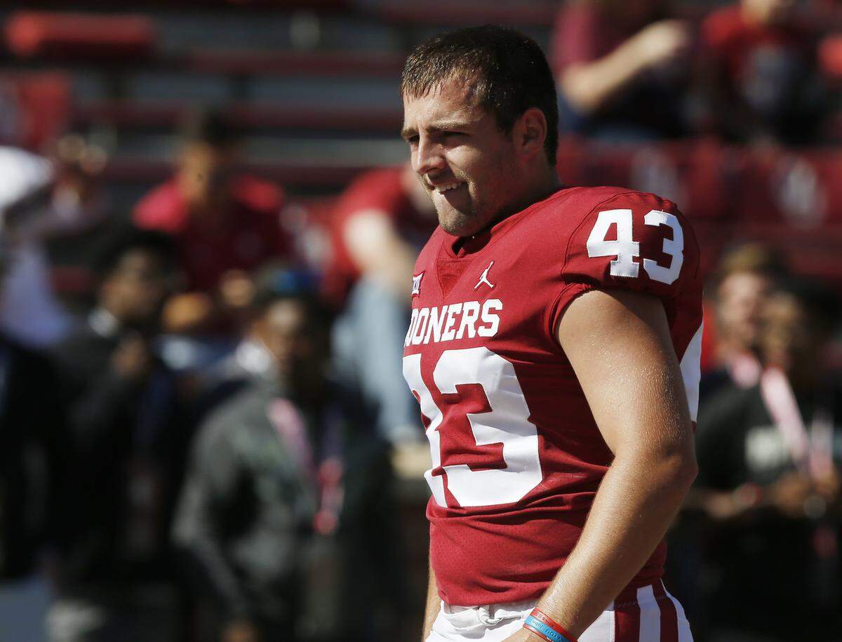 Oklahoma place kicker Austin Seibert before an NCAA college football game between Kansas State and Oklahoma in Norman, Okla., Oct. 27. The Sooner senior scored a career best 15 points in that game.
