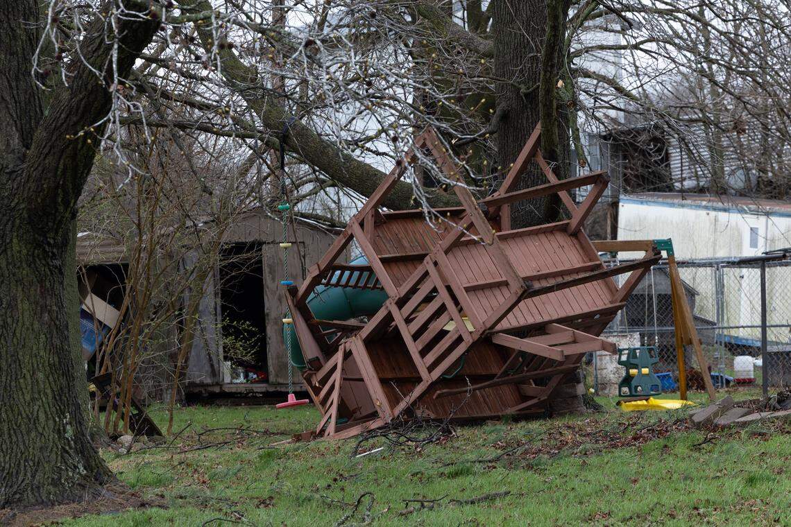 An upturned swing set in Lenzburg after heavy storms passed through the area.