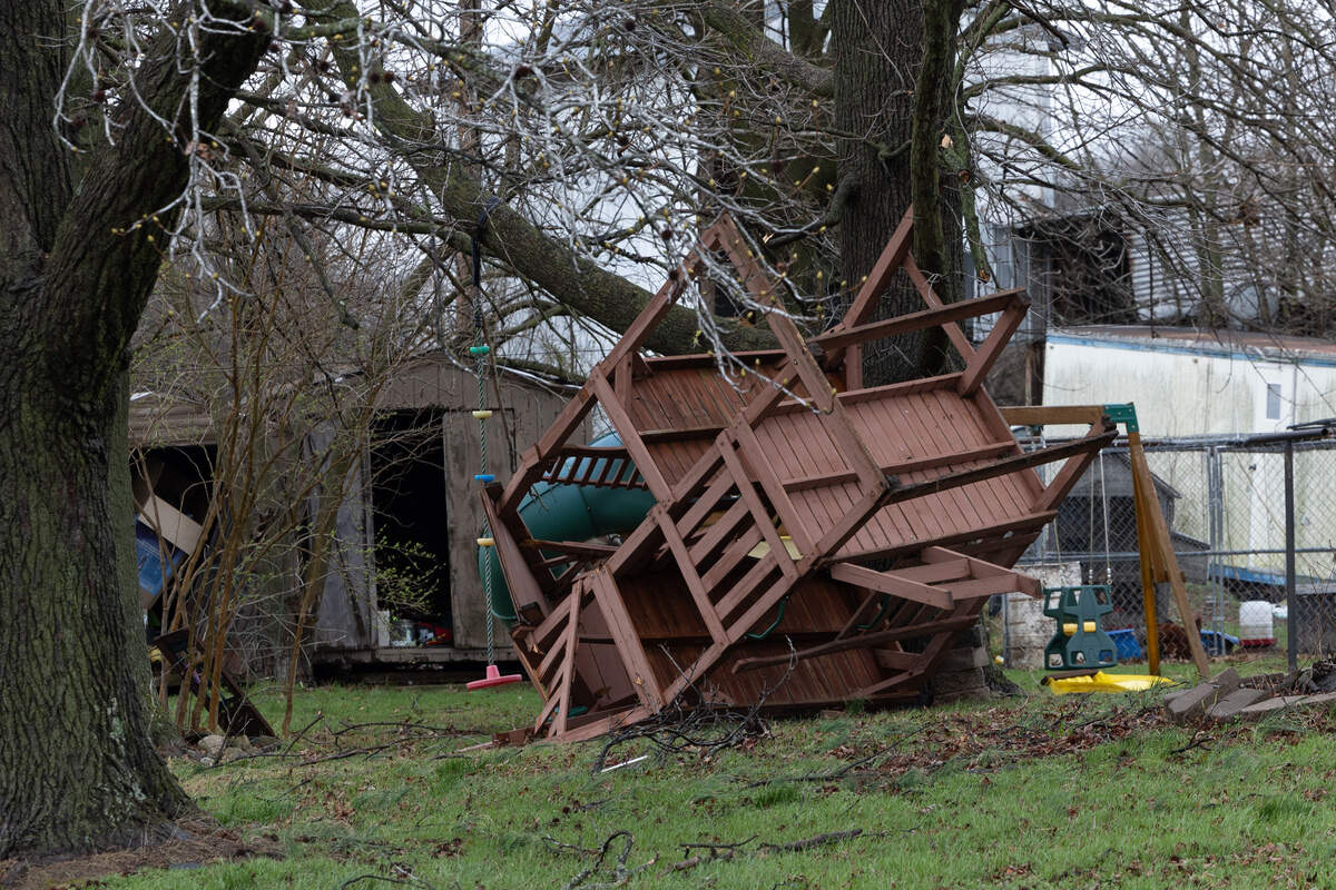 An upturned swing set in Lenzburg after heavy storms passed through the area.