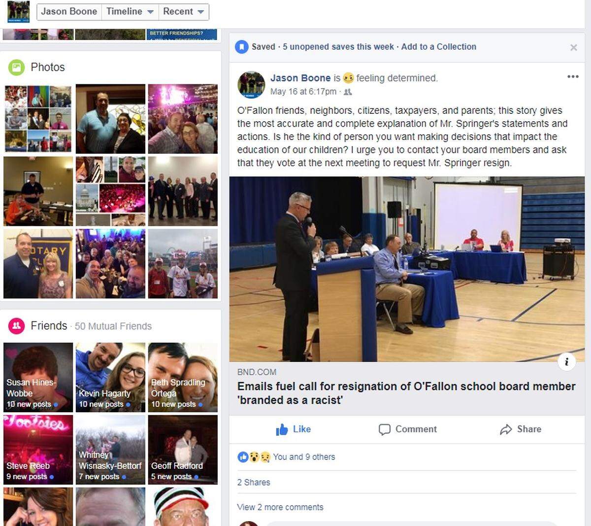 May 16, 2018, Facebook post on Jason Boone, O'Fallon School District 90 Board of Education member, calling others to join the movement to push fellow board member Steve Springer off the board where he has served for three terms.