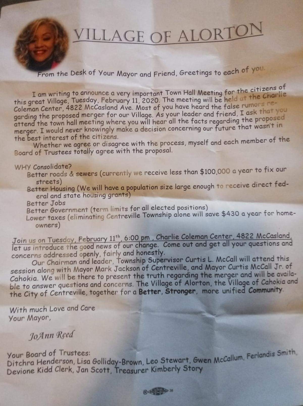 A letter sent to Alorton residents from Mayor JoAnn Reed. In the letter, Reed writes that a merger with Centreville could benefit the community and states that she “completely agrees” with the proposa.