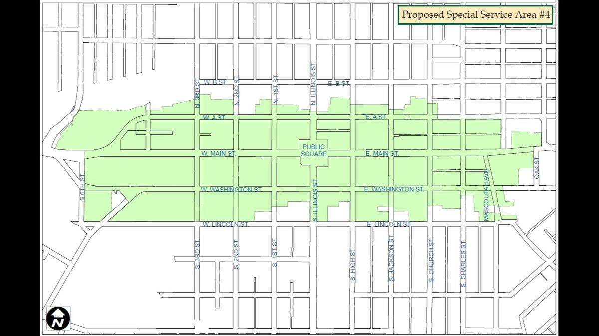 Green shading shows the general area of a proposed taxing district, officially known as Special Service Area 4, in downtown Belleville, although not all parcels in the shaded area would be included.