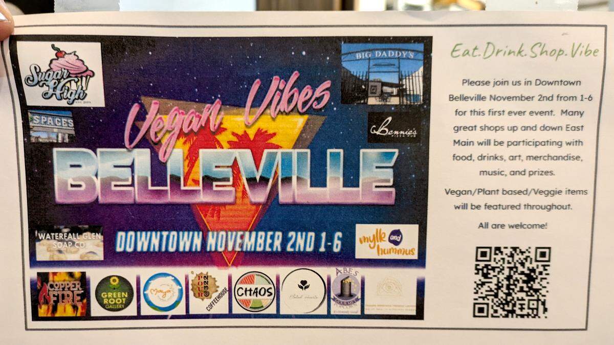 Look for the Vegan Vibes event flyers – with QR code – at different downtown businesses.
