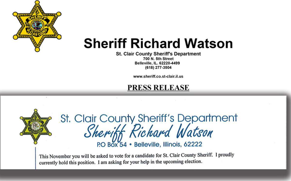 Letterhead used in St. Clair County Sheriff’s Department official correspondence (above), and the letterhead used in Sheriff Rick Watson’s mailer seeking campaign contributions.
