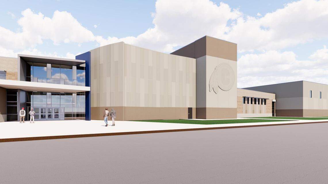 This rendering shows what the main entrance on the south side of the new Cahokia High School will look like.