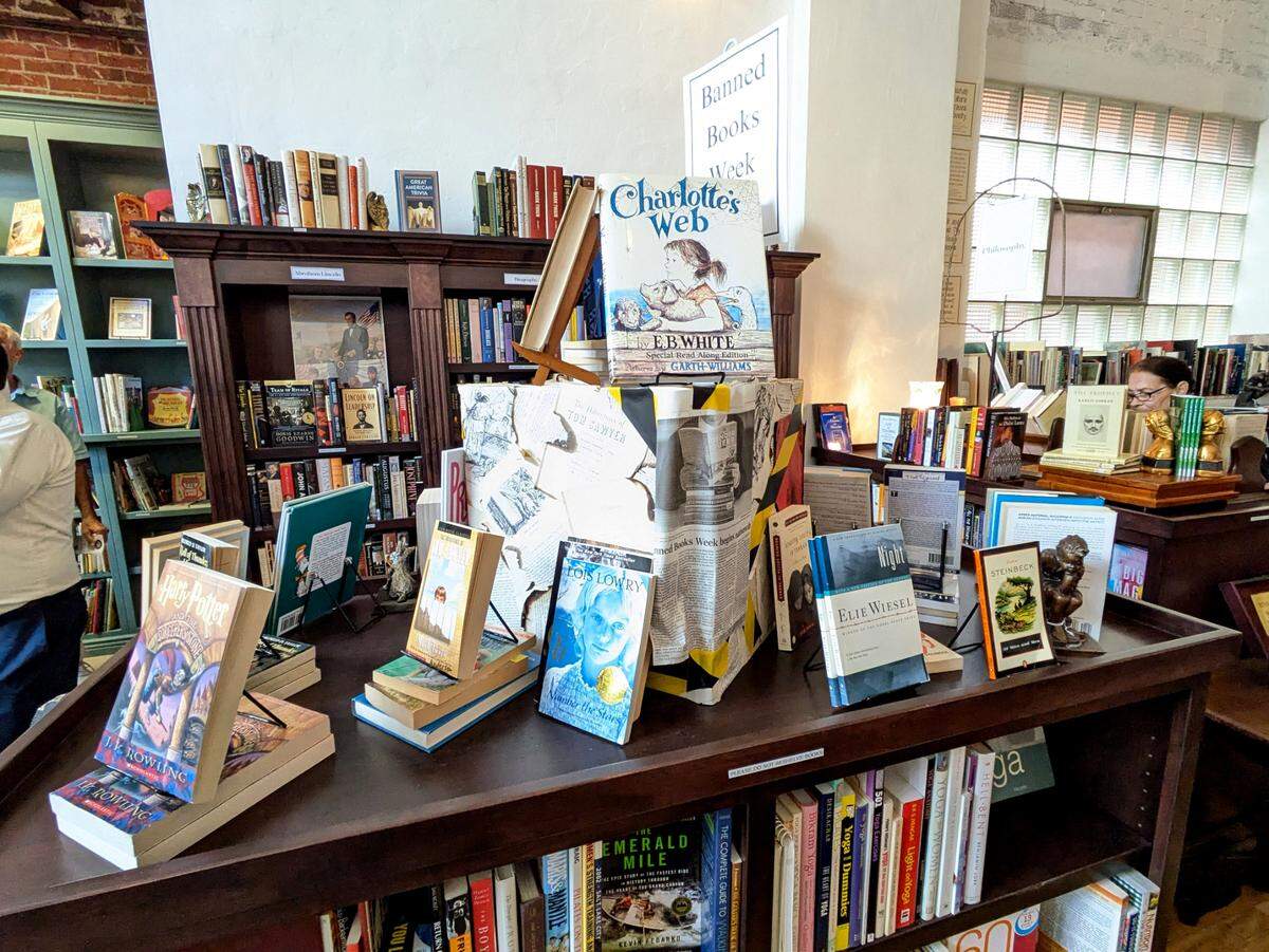 A display of banned books at Belleville Books
